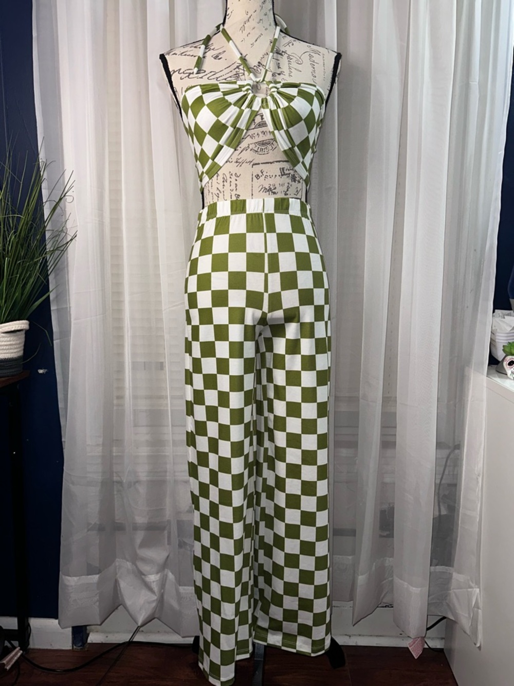 Princess Polly Olive and White Checkerboard Wide Leg Jumpsuit Set - Picture 7 of 7